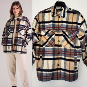 Zara Check Shacket Shirt Jacket Plaid Button Down Flannel Wool Blend Sz XS
